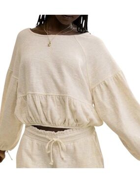 aerie Endless Summer Cream Peplum Cropped Sweatshirt Lantern Sleeve Tie Cuff M